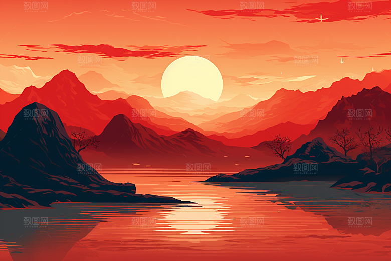 中国红山水新中式艺术插画