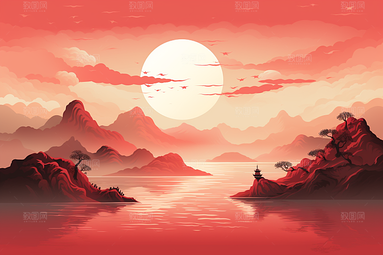 中国红山水新中式手绘插画