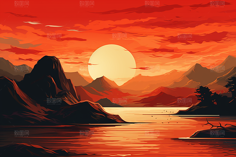 中国红山水国画手绘插画