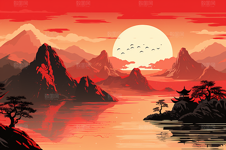 中国红山水国画新中式插画