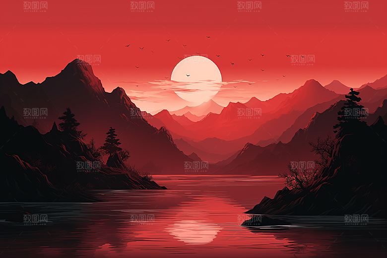 中国红山水水墨红色插画