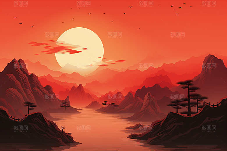 中国红山水水墨艺术插画