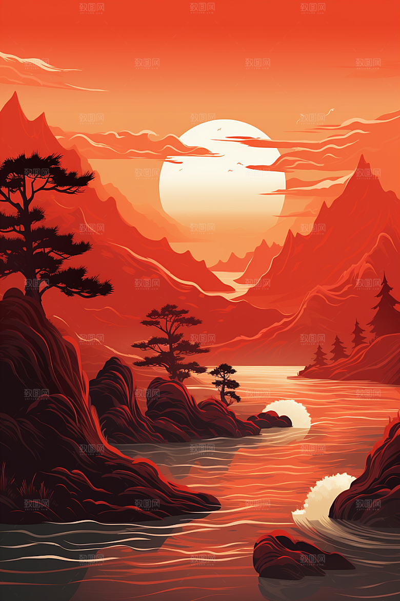 中国红山水国画红色插画