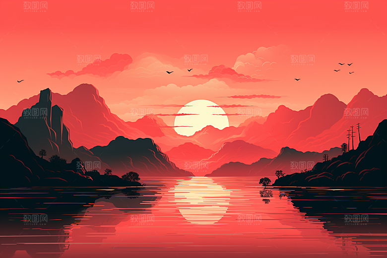 中国红山水手绘水墨插画