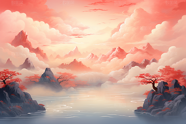 中国红山水水墨风光插画