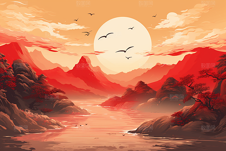 中国红山水红色新中式插画