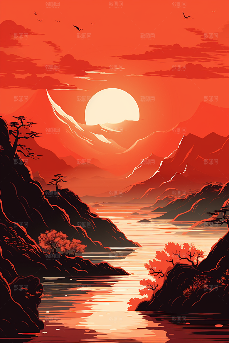 中国红山水手绘风光插画