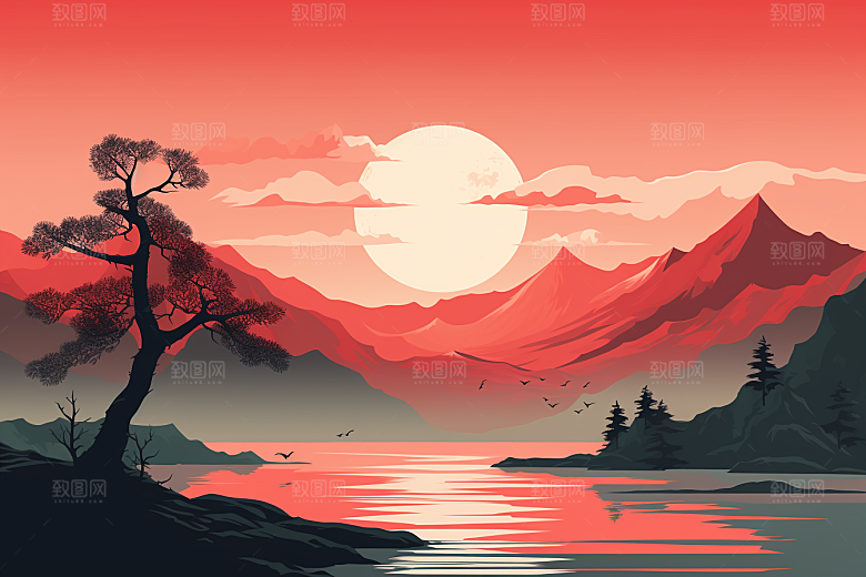 中国红山水新中式红色插画