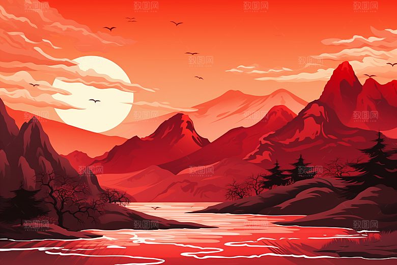 中国红山水水墨国画插画