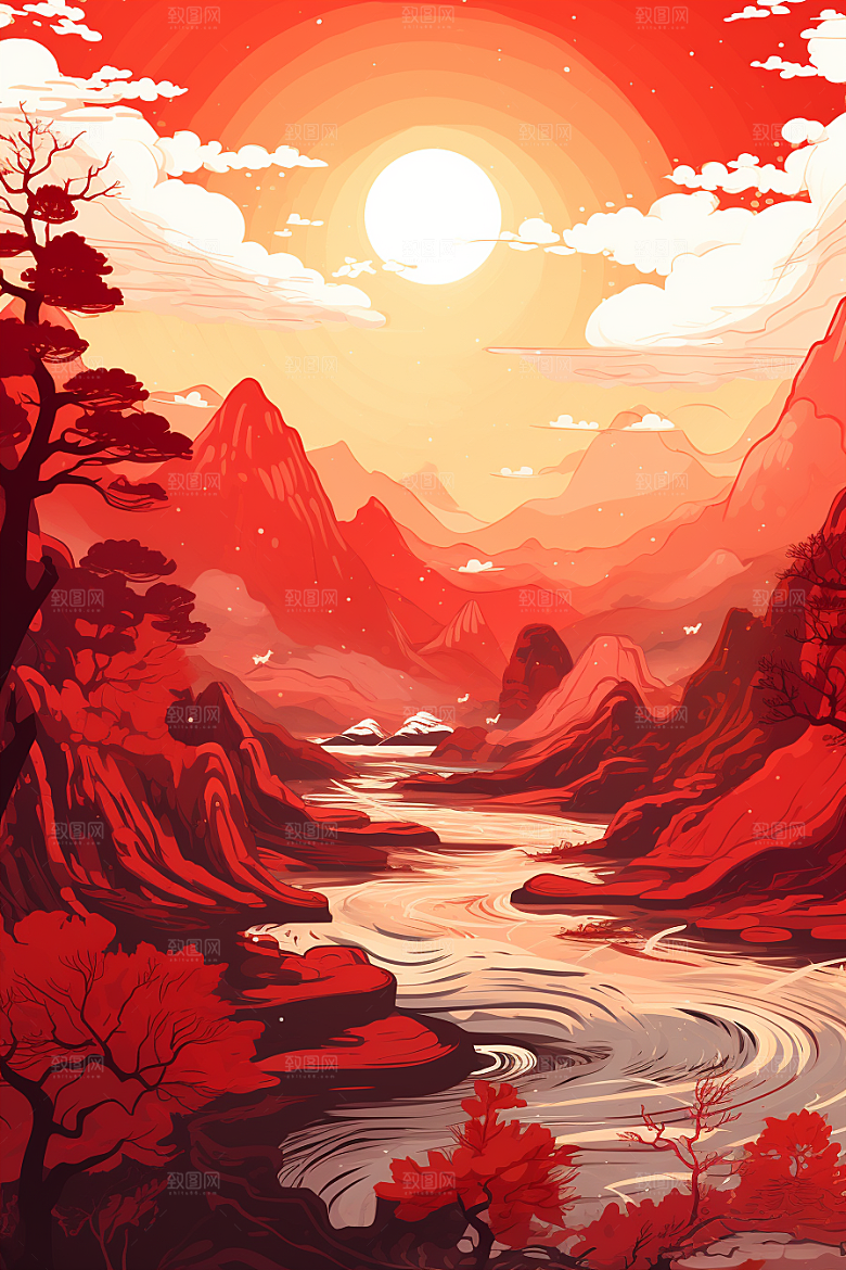 中国红山水水墨艺术插画