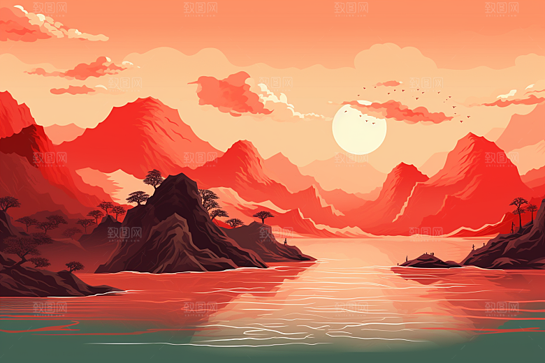 中国红山水新中式艺术插画