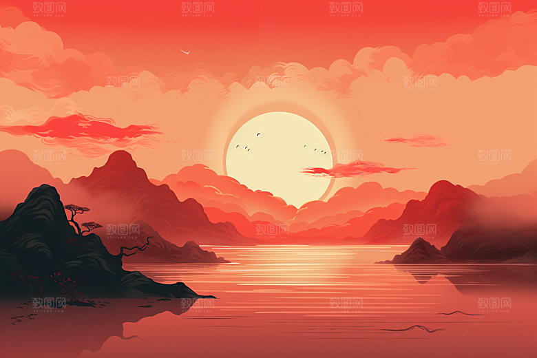中国红山水风光国画插画