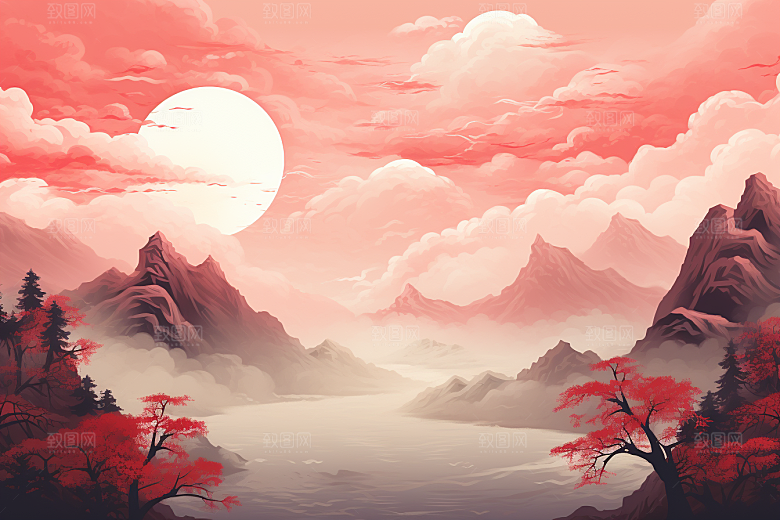中国红山水红色新中式插画