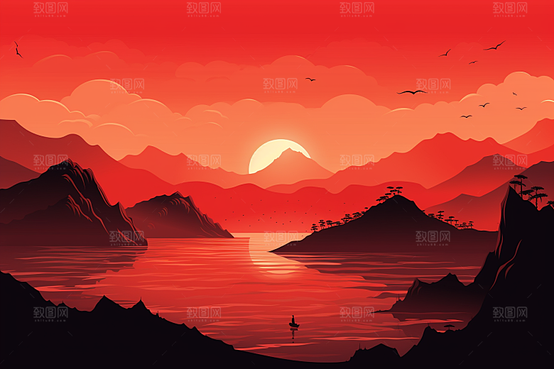中国红山水红色艺术插画