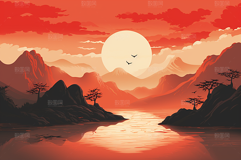 中国红山水水墨国画插画