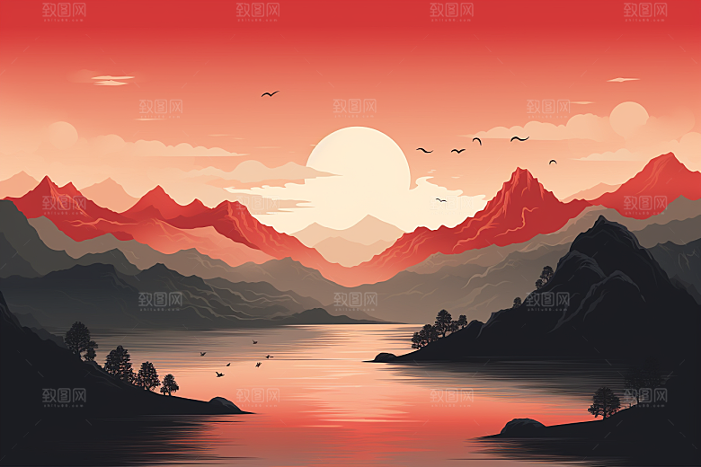中国红山水风光水墨插画