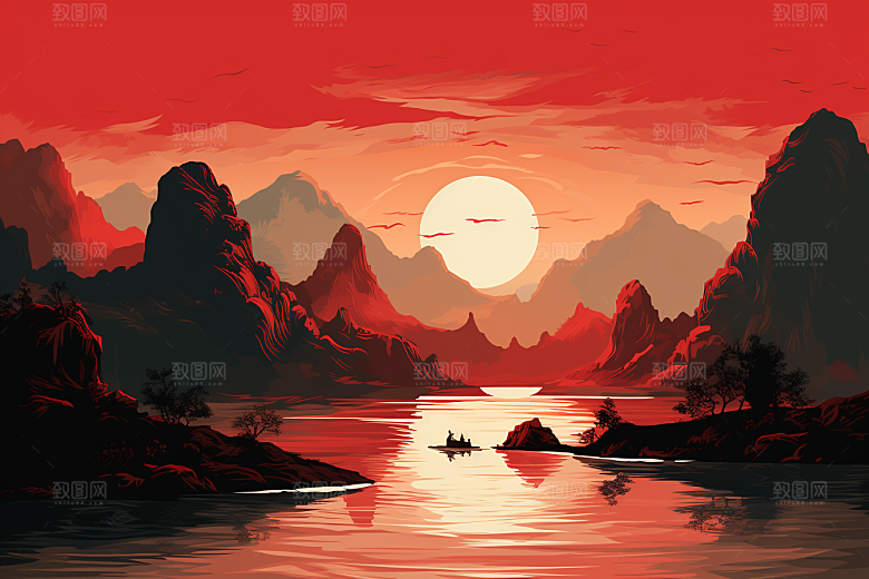中国红山水新中式艺术插画