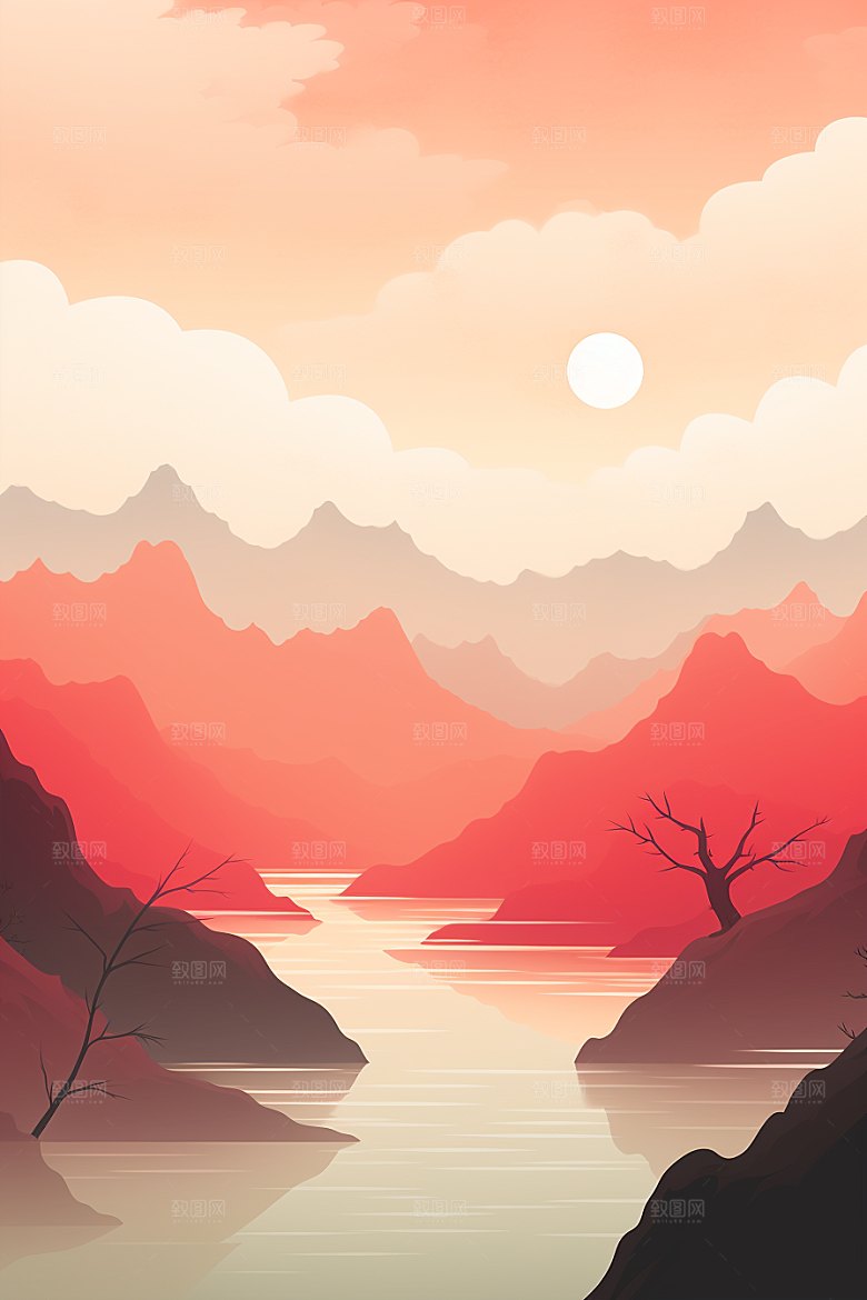 中国红山水红色水墨插画