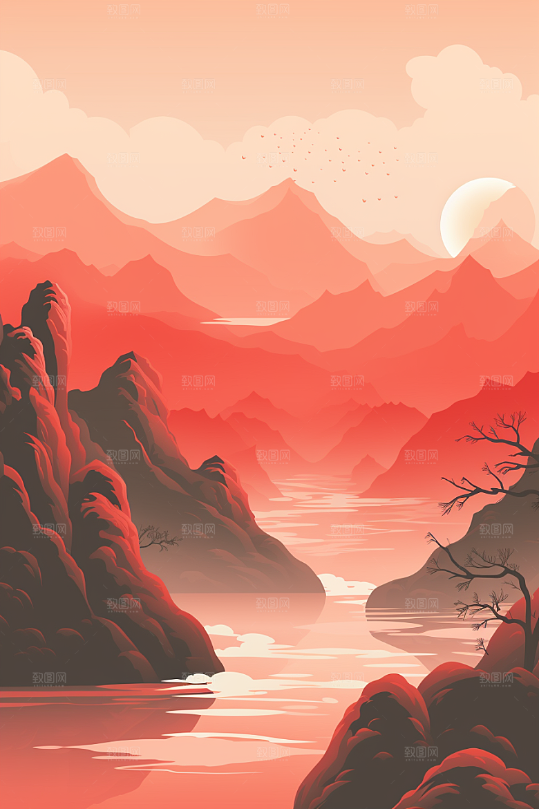 中国红山水新中式风光插画