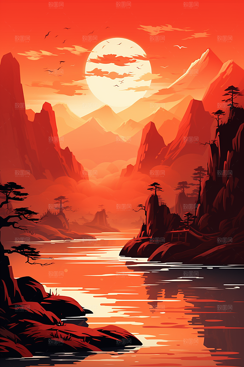 中国红山水风光水墨插画