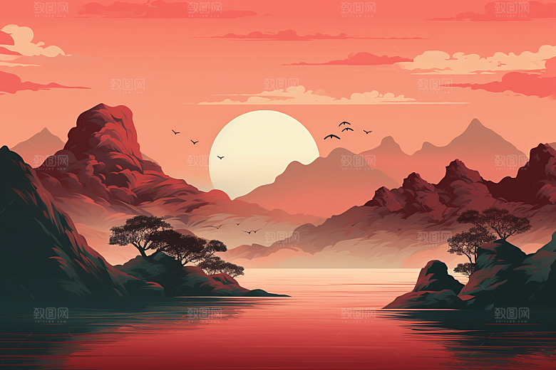 中国红山水水墨手绘插画