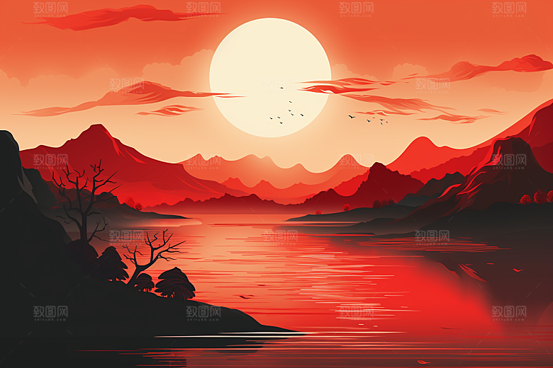 中国红山水风光新中式插画