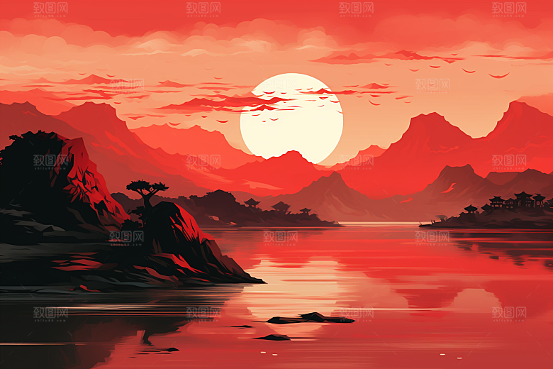 中国红山水红色水墨插画