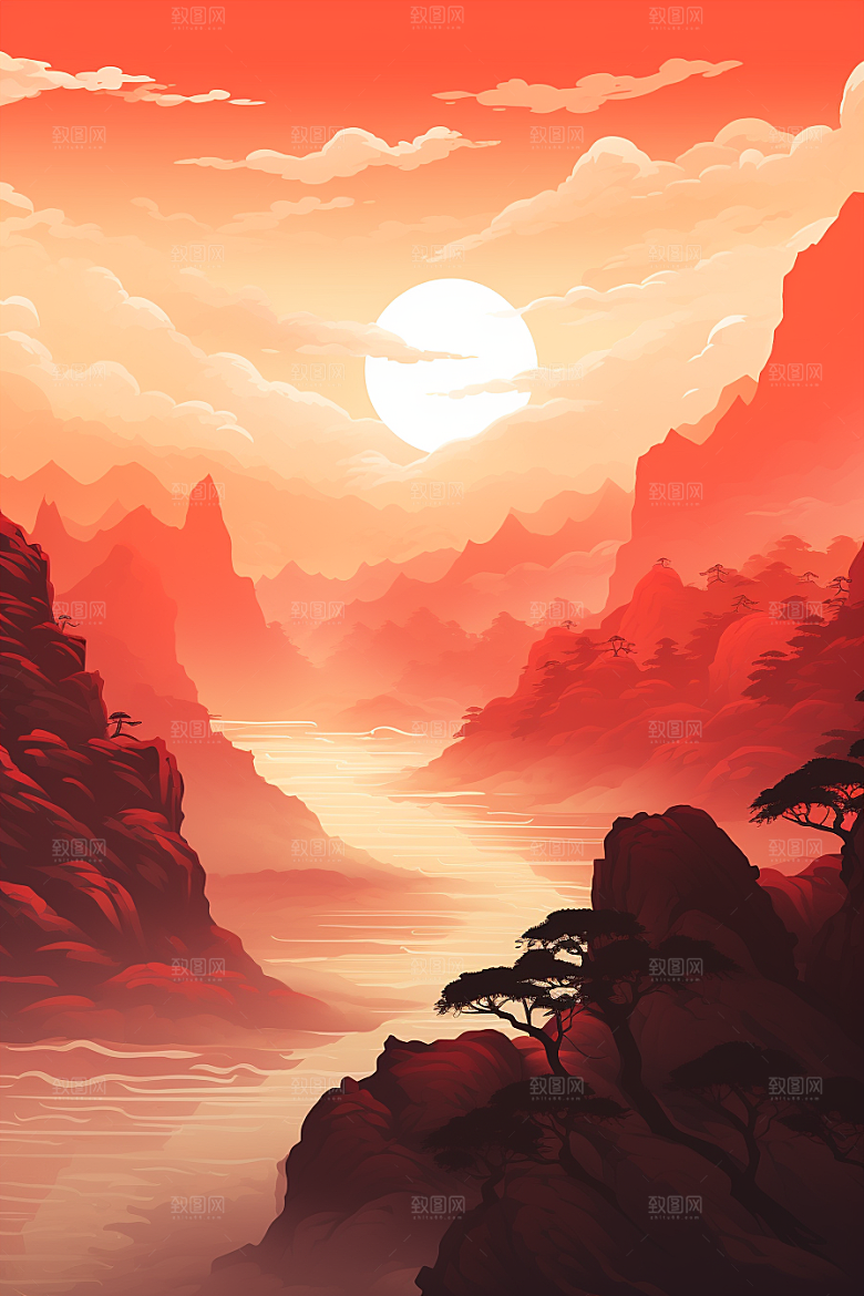 中国红山水风光国画插画