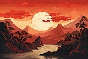 中国红山水艺术国画插画