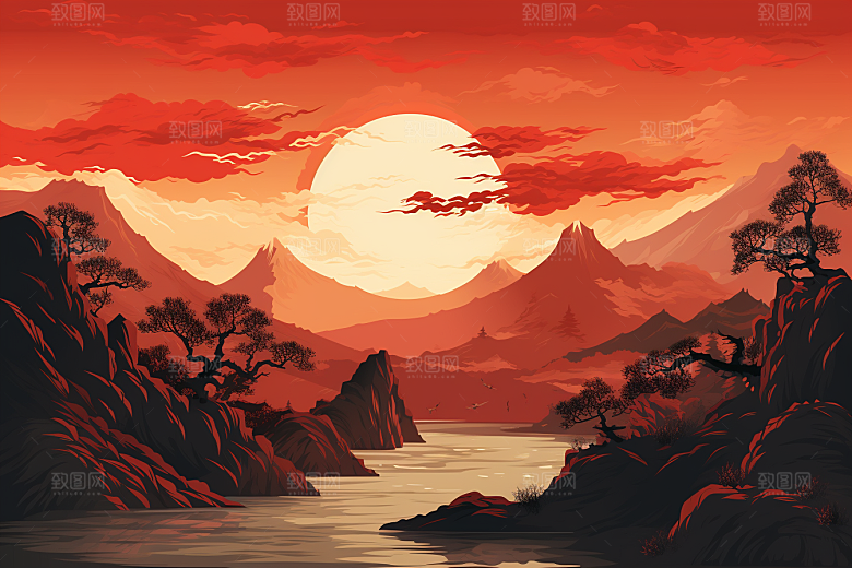中国红山水艺术国画插画