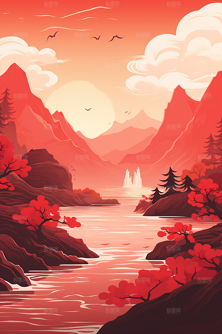 中国红山水艺术水墨插画