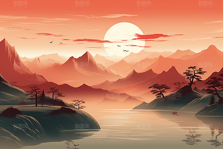 中国红山水红色艺术插画