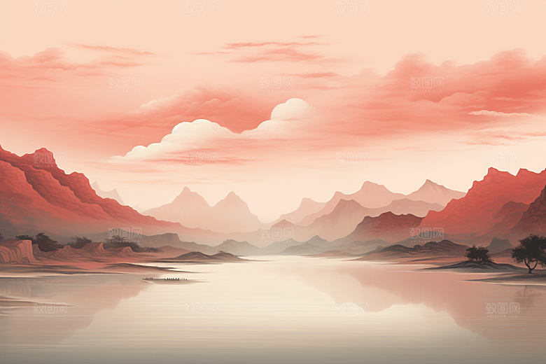 中国红山水红色手绘插画