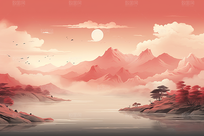中国红山水艺术红色插画