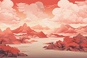 中国红山水新中式红色插画