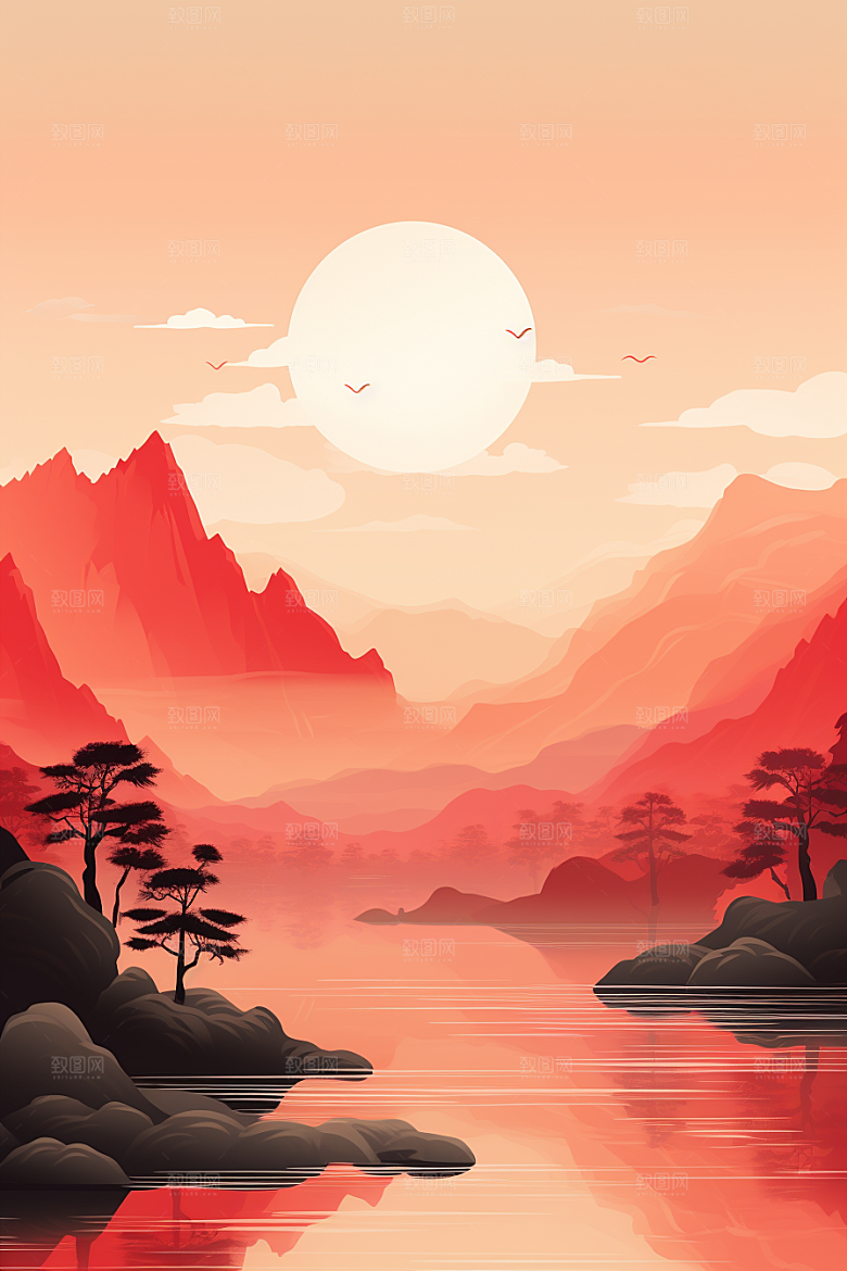 中国红山水新中式风光插画