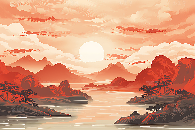 中国红山水艺术国画插画