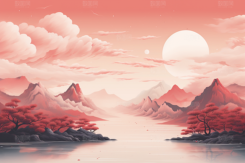 中国红山水红色艺术插画