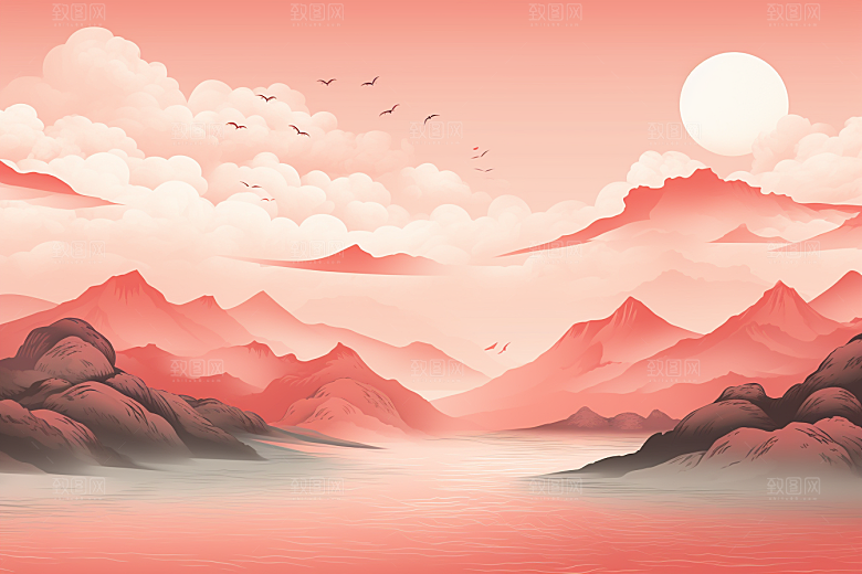 中国红山水艺术手绘插画