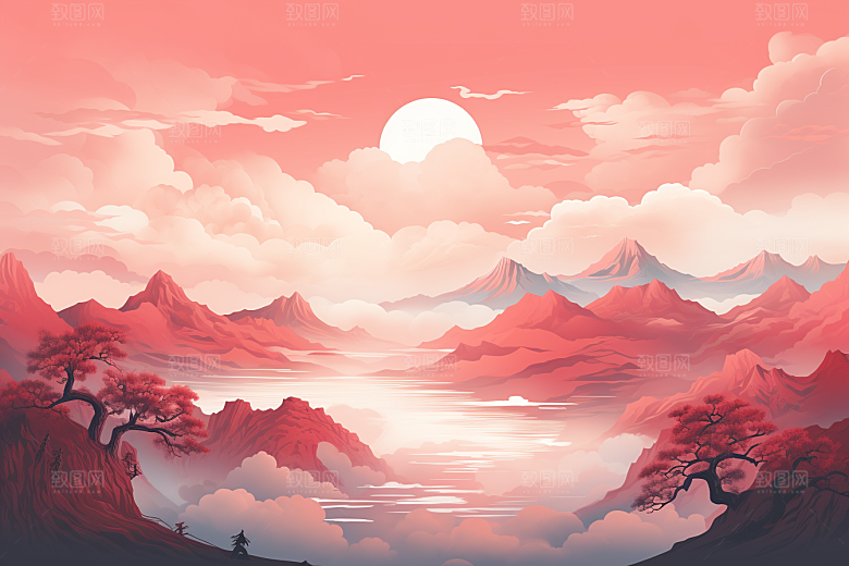 中国红山水新中式水墨插画