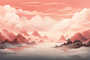 中国红山水新中式艺术插画