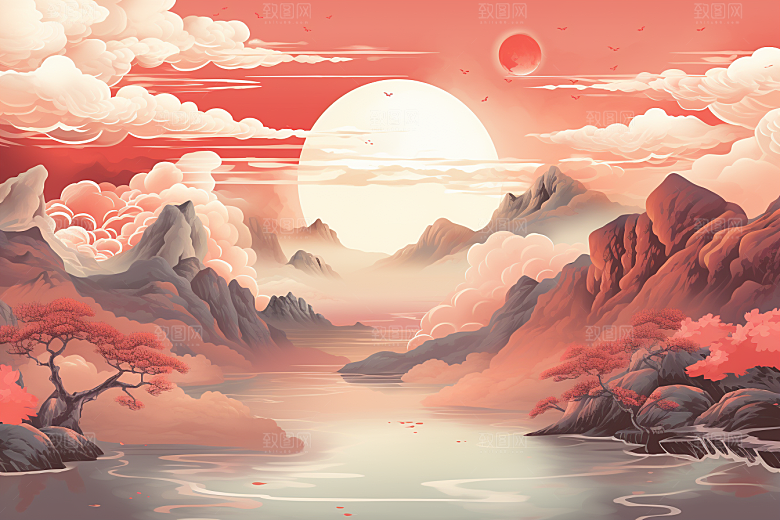 中国红山水红色手绘插画