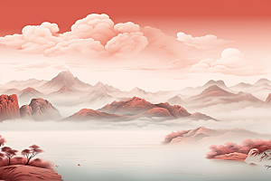 中国红山水新中式风光插画