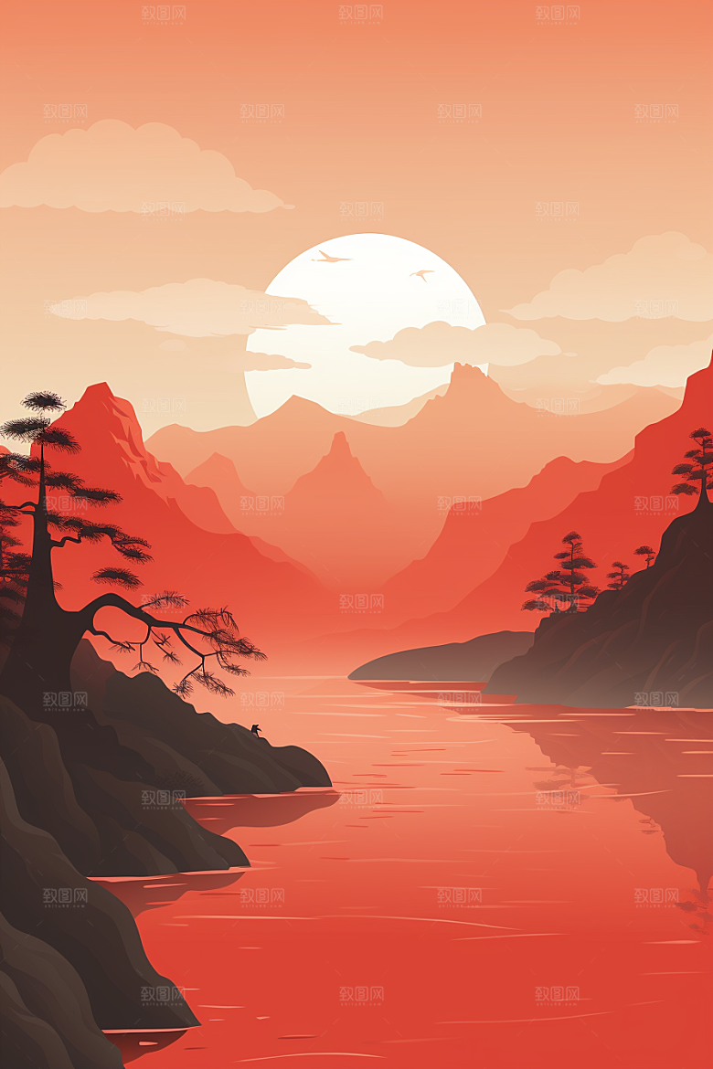 中国红山水红色国画插画