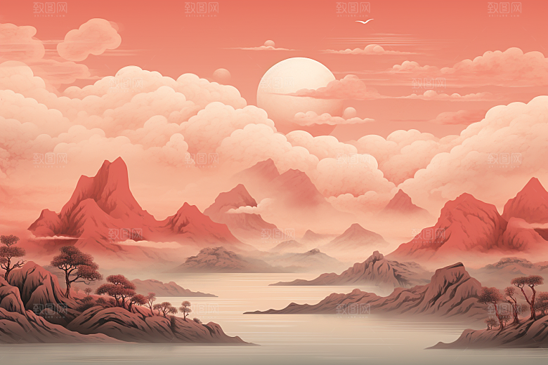 中国红山水水墨国画插画