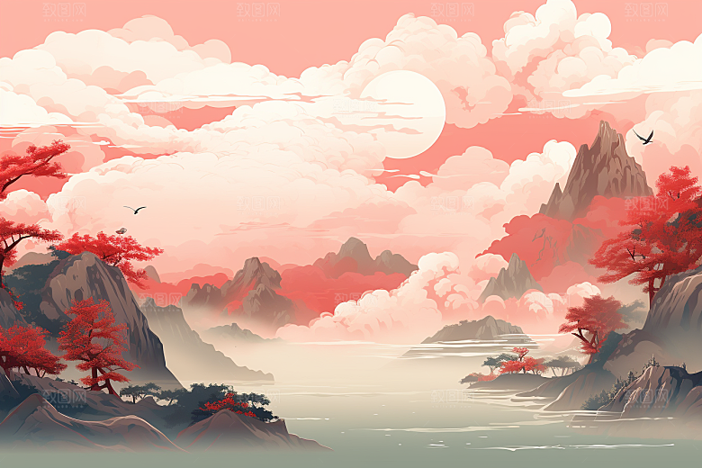 中国红山水国画手绘插画
