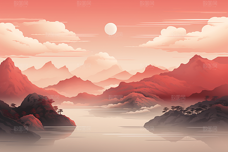 中国红山水手绘新中式插画
