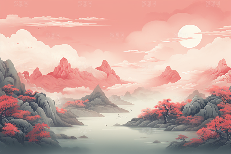 中国红山水风光水墨插画