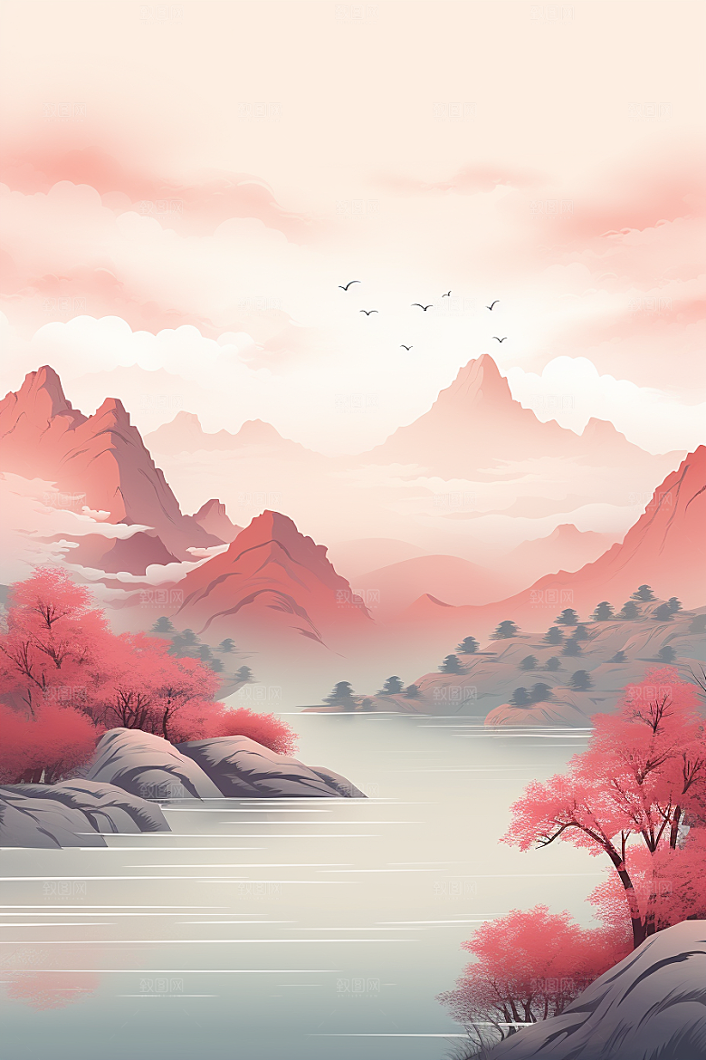 中国红山水风光手绘插画