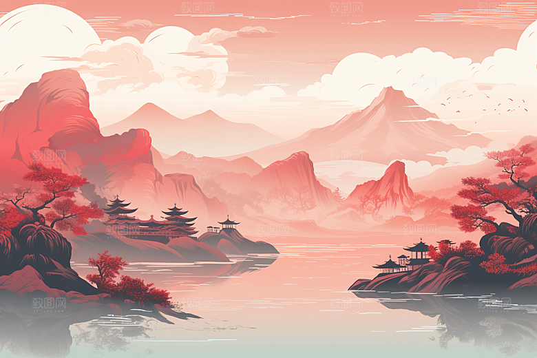 中国红山水风光手绘插画